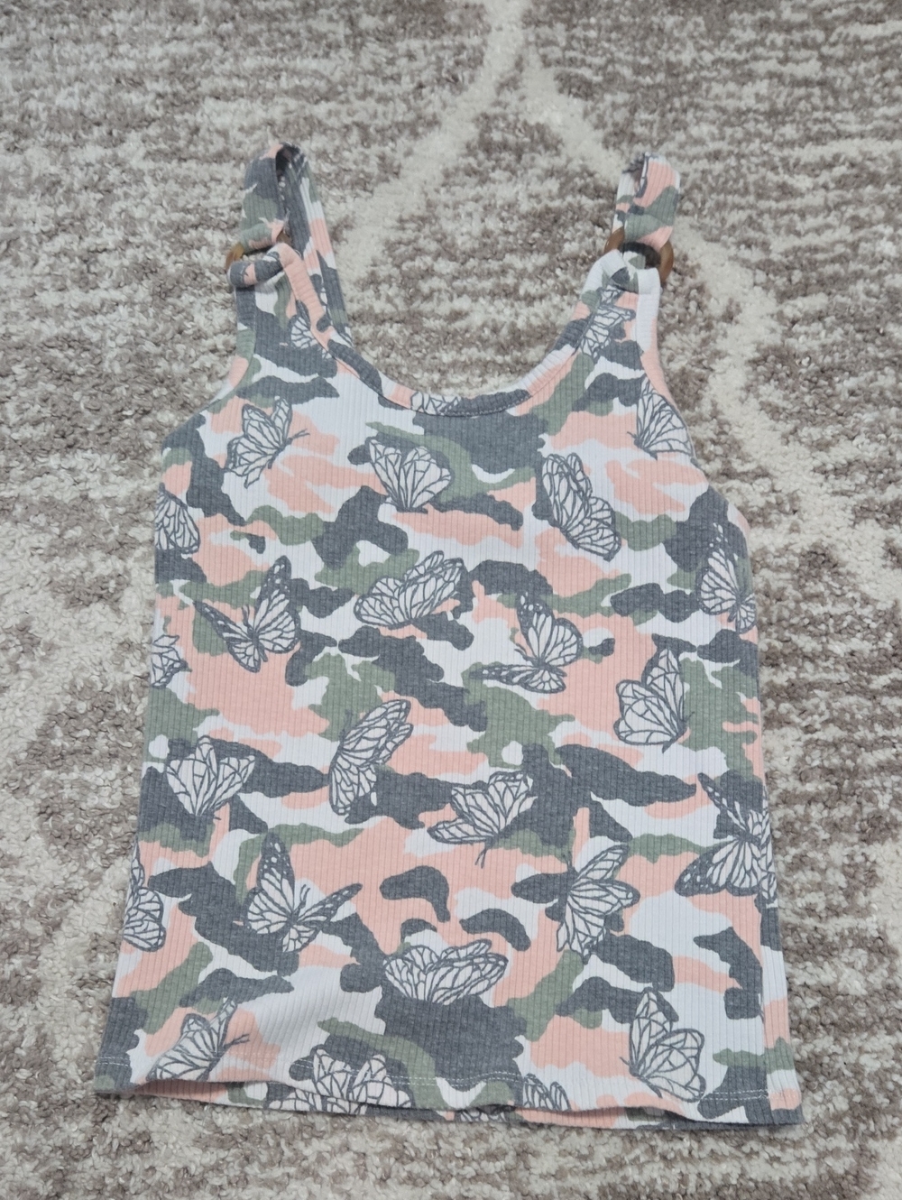 Jennifer Lopez Pink Green Gray Camouflage Butterfly Crop Top